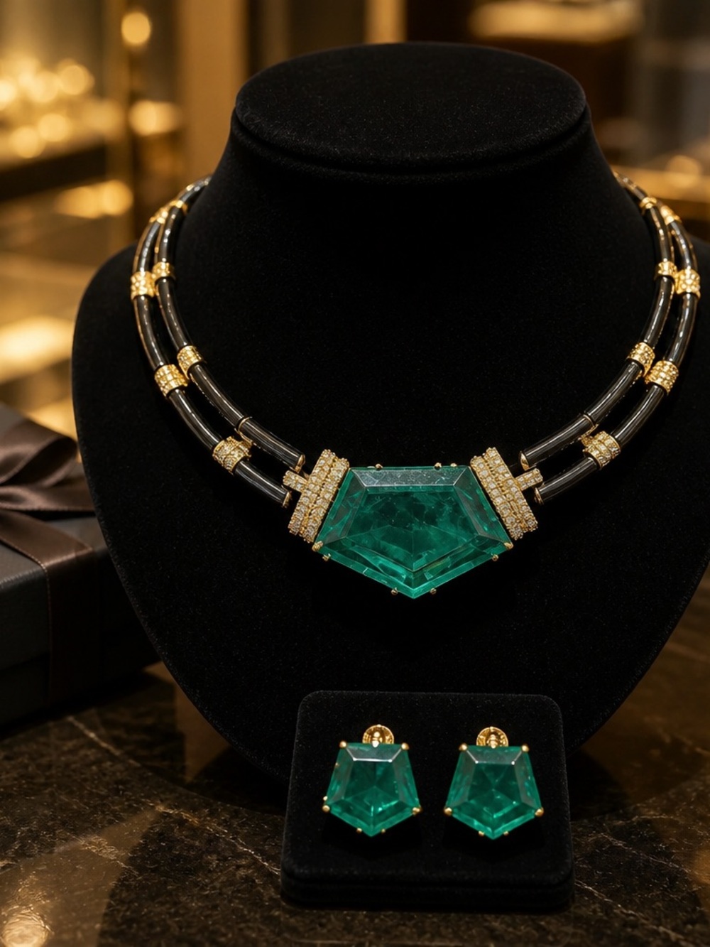 Emerald tone Geometric Statement Necklace and Earring Set